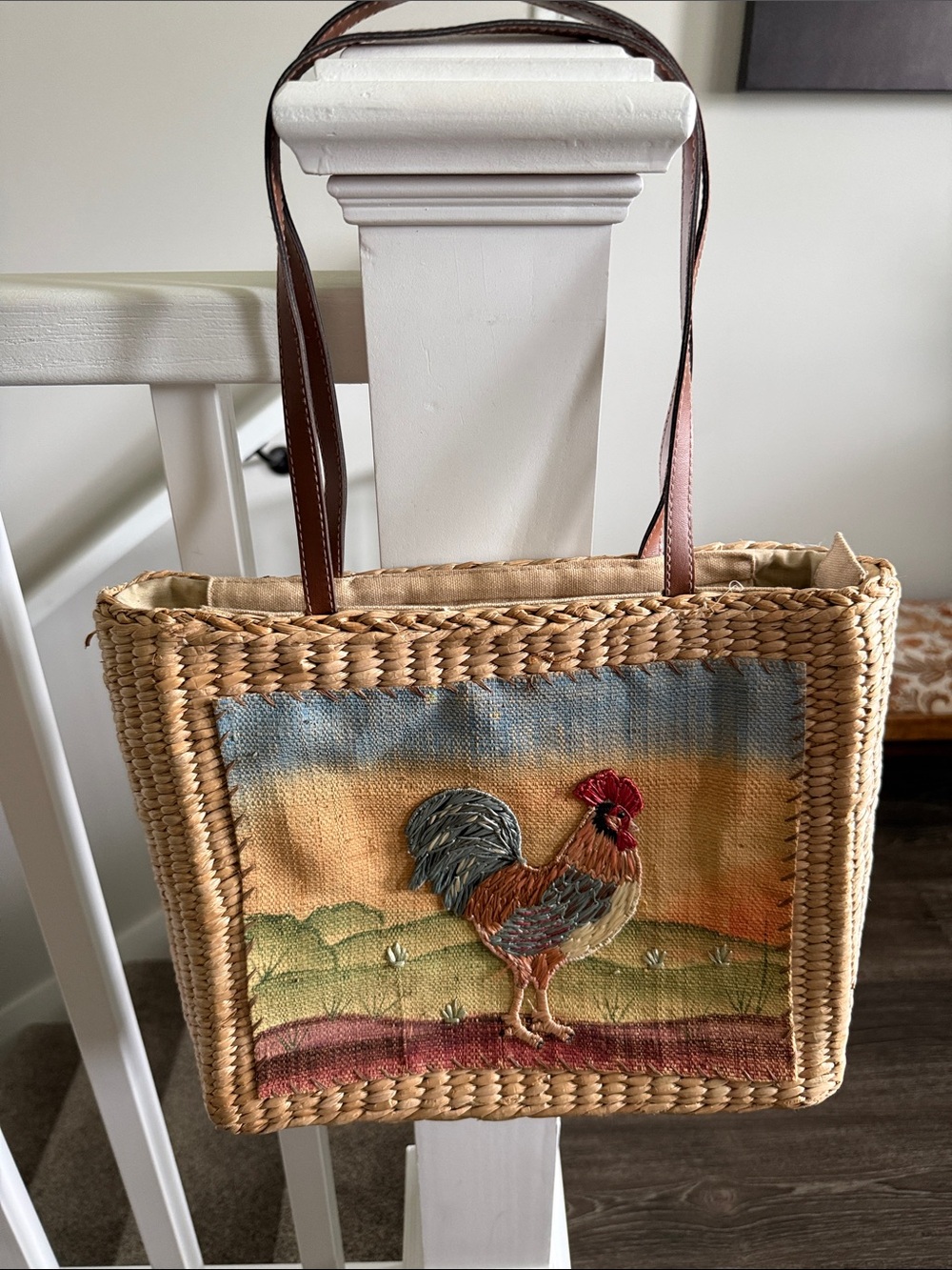 Cappelli Straworld Woven Straw Tote Hand Painted Embroidered Rooster Market Beac
